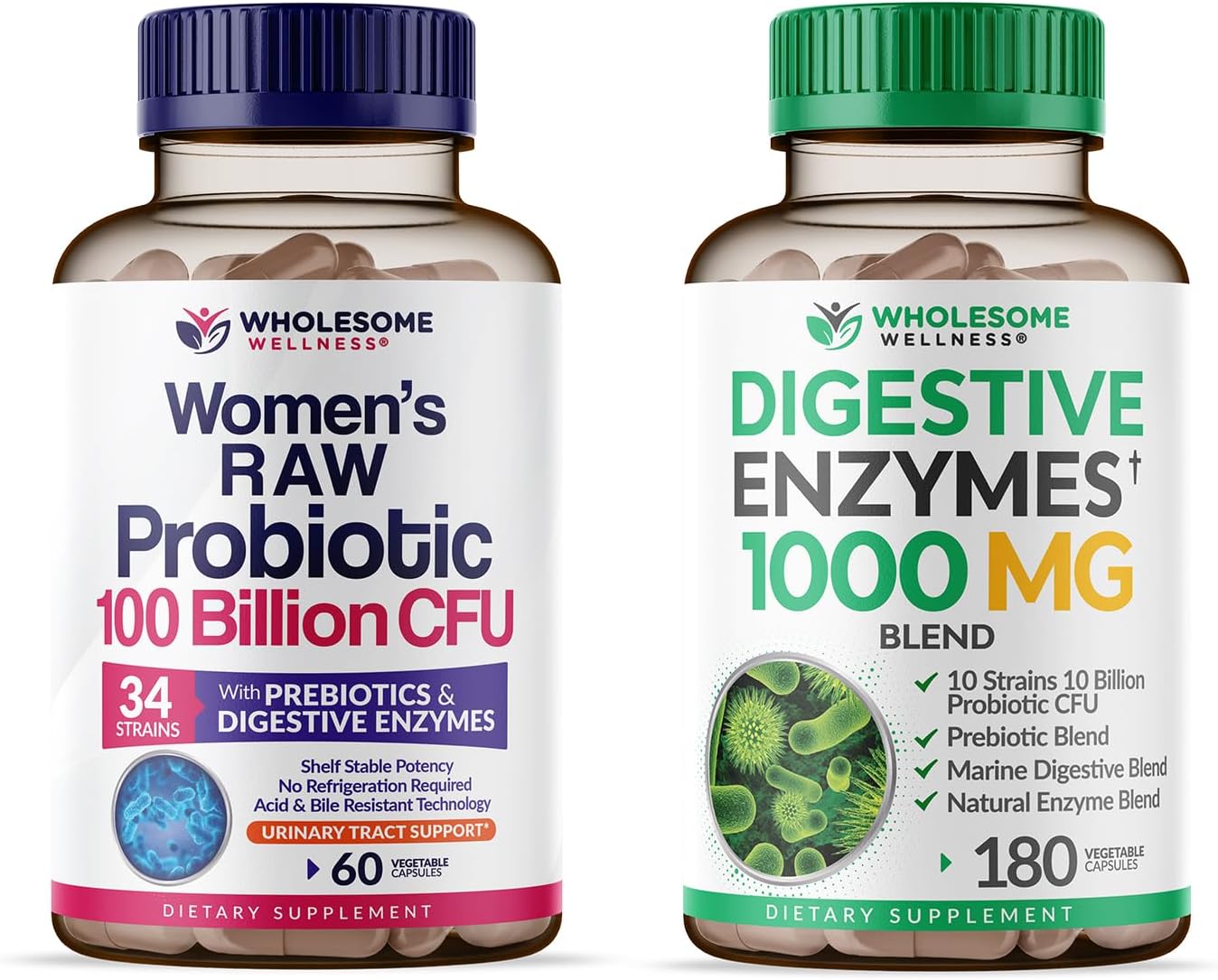 Wholesome Wellness Dr. Formulated Raw Probiotics for Women 100 Billion CFUs + Digestive Enzymes 1000MG Plus Prebiotics & Probiotics Supplement Bundle Gsupps Australia