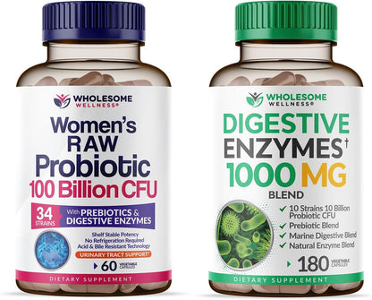Wholesome Wellness Dr. Formulated Raw Probiotics for Women 100 Billion CFUs + Digestive Enzymes 1000MG Plus Prebiotics & Probiotics Supplement Bundle Gsupps Australia