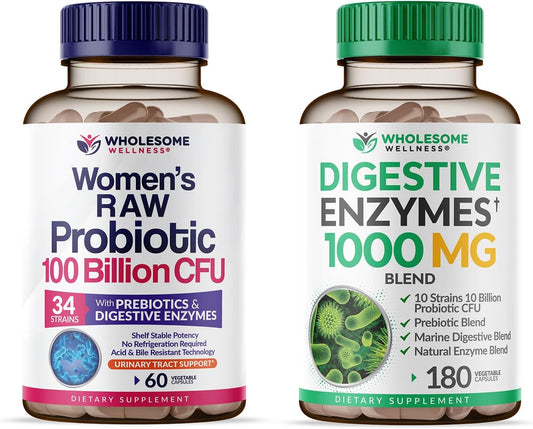 Wholesome Wellness Dr. Formulated Raw Probiotics for Women 100 Billion CFUs + Digestive Enzymes 1000MG Plus Prebiotics & Probiotics Supplement Bundle Gsupps Australia