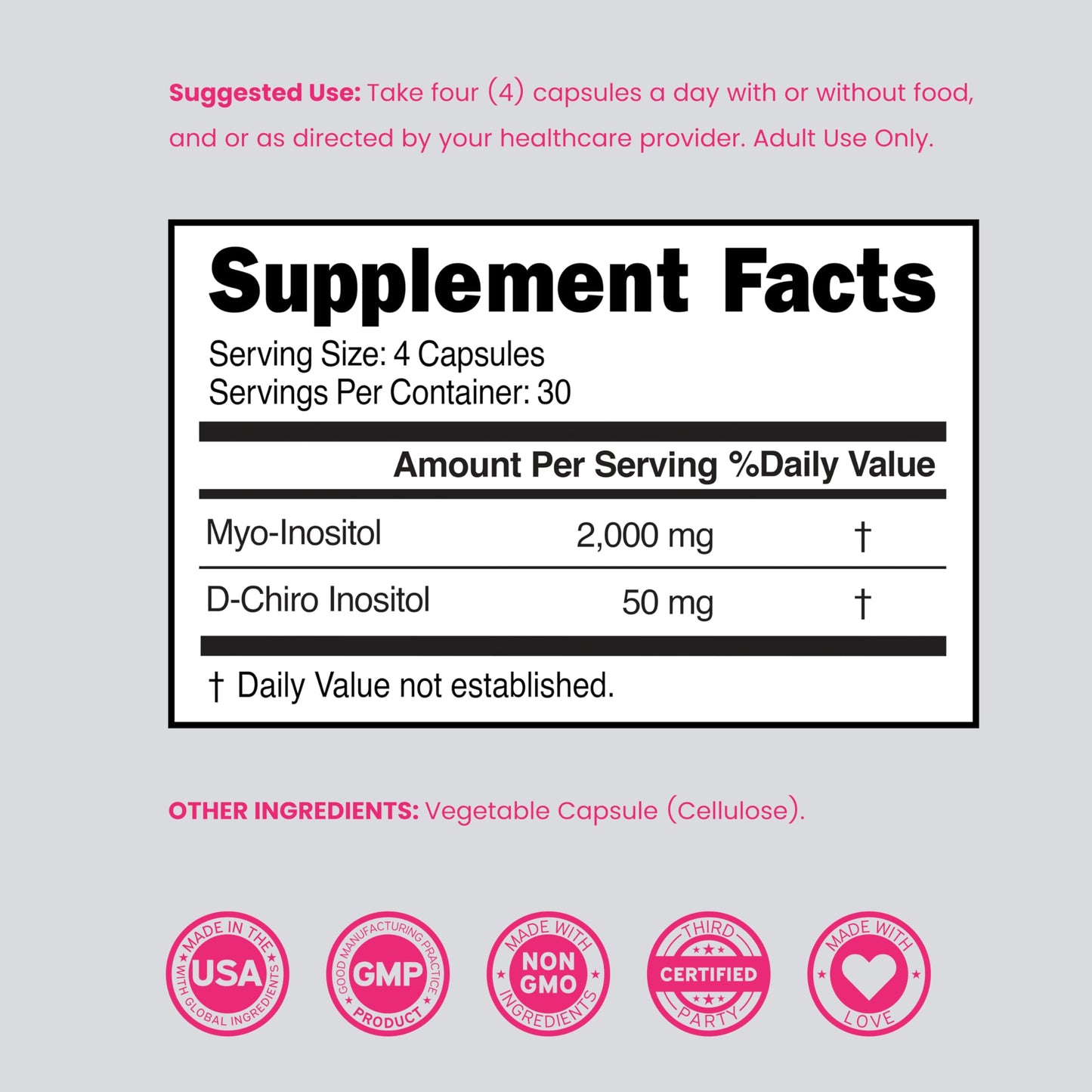 Myo-Inositol & D-Chiro Inositol Supplement For Women (120 Capsules, 2050mg Per Serving Ideal 40:1 Ratio Myo Inositol) Hormone Balance for Women - Third Party Tested DORADO NUTRITION
