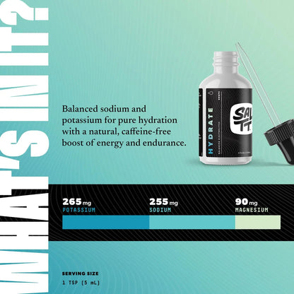 SALTT - Hydrate (4 oz) - Electrolytes Drops - Energy Boost - Sodium, Potassium, Magnesium, Zinc, Copper - Unflavored - Ultra Low Carb - Zero Sugar, Vegan, Keto Chow