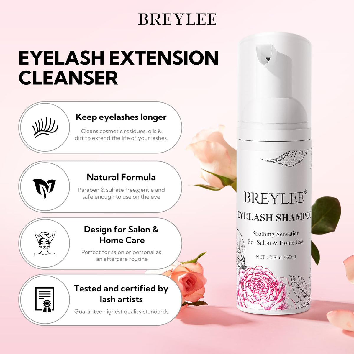 BREYLEE Eyelash Extension Cleanser Shampoo Foam & 2 Brushes, 60ml, 2 fl oz BREYLEE
