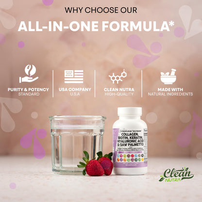 Clean Nutraceuticals Collagen Pills 1000mg Biotin 10000mcg Keratin Saw Palmetto Hyaluronic Acid - Hair Skin & Nails Vitamins & DHT Blocker with Vitamin E Folic Acid Clean Nutraceuticals