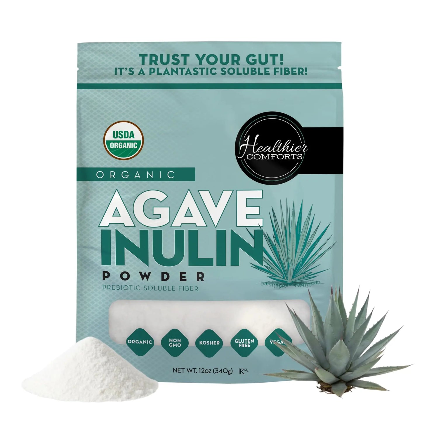 Healthier Comforts Organic Inulin Powder (12 oz) from Blue Agave | Soluble Prebiotic Fiber, Gentle on Digestion, Non-GMO | Perfect for Coffee, Baking & Cooking Healthier Comforts
