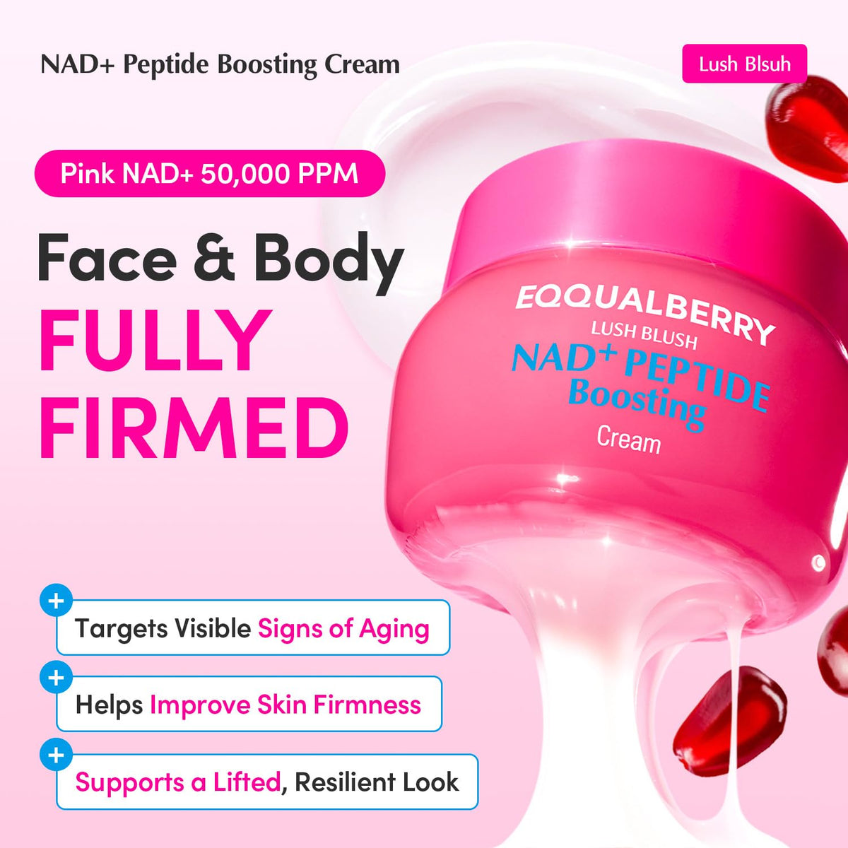 EQQUALBERRY NAD+ Peptide Boosting Cream – NAD+ 5% & 13 Peptides Anti-Aging Korean Skincare Face & Body Cream | Firming & Lifting Pink Neck Cream for Sagging Skin (1.69 fl.oz / 50ml) EQQUALBERRY