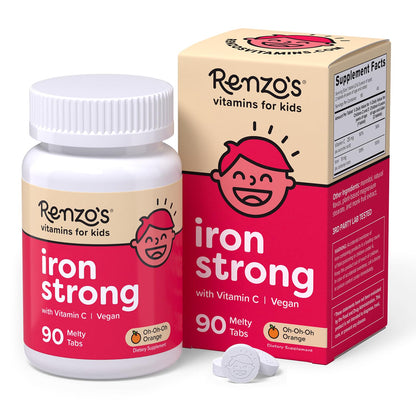 Renzo's Iron Supplements for Kids, Dissolvable Vegan Kids Iron Supplement with Vitamin C, Sugar-Free Melty Tabs Renzo's
