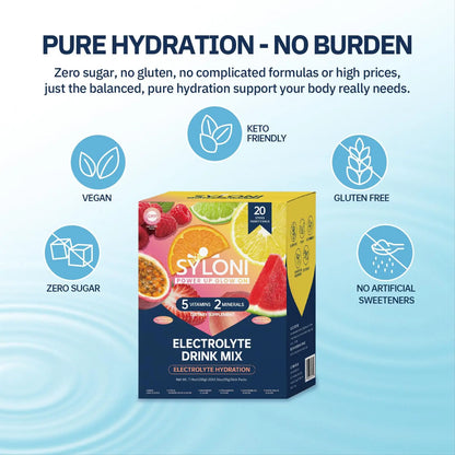 Syloni Electrolytes Powder Packets, Trial Variety Pack(20 Sticks), Sugar Free Hydration Packets Electrolyte Drink Mix with 7 Vitamins and Electrolytes Syloni