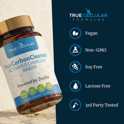 Gut Detox & Liver Cleanse - Organic Activated Charcoal Capsules with Clinoptilolite Zeolite Binder - TrueCarbonCleanse™ Carbon Supplement - 60 Bamboo Charcoal Pills True Cellular Formulas