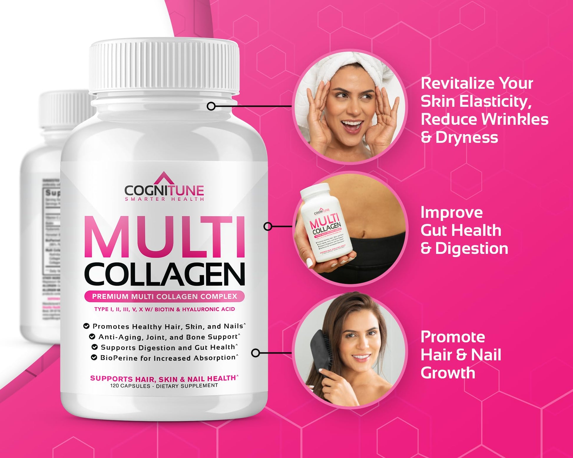 CogniTune Multi Collagen Peptides for Women with Biotin, Hyaluronic Acid, Vitamin C - 5 Types I II III V X Colageno Hidrolizado - 2000mg Hair Skin Nails Joints Support - 120 Capsules CogniTune buy australia supplements