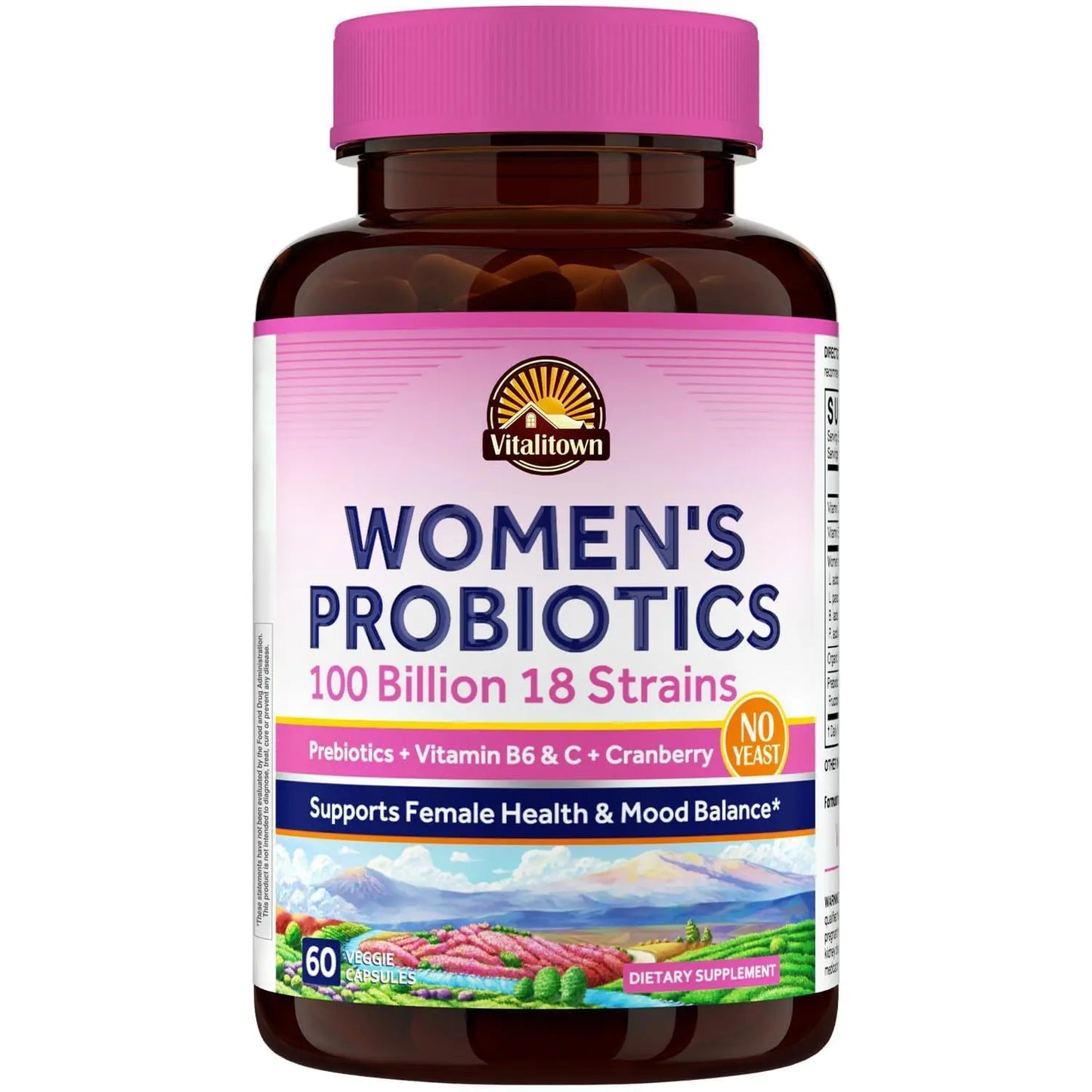 Vitalitown Women's Probiotics | 100 Billion CFUs 18 Strains | Prebiotics, VC & B6, Cranberry | Shelf Stable | Vaginal, Urinary Vitalitown