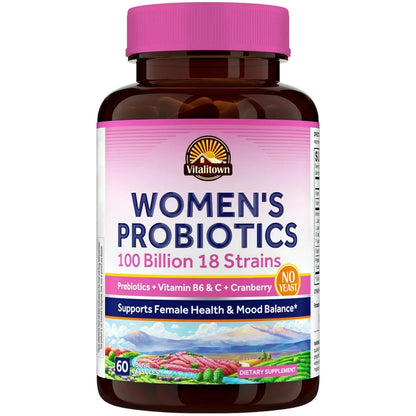 Vitalitown Women's Probiotics | 100 Billion CFUs 18 Strains | Prebiotics, VC & B6, Cranberry | Shelf Stable | Vaginal, Urinary Vitalitown