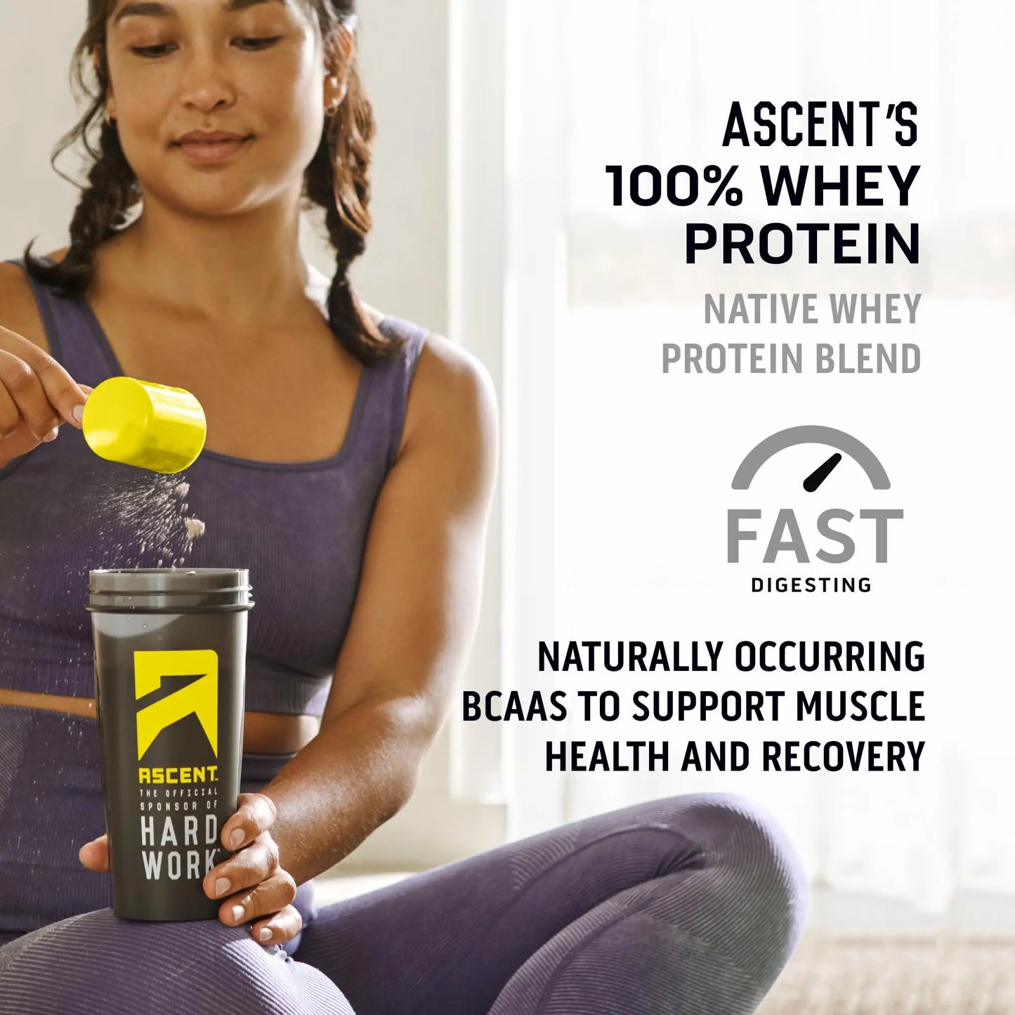 Ascent 100% Whey Protein Powder - Post Workout Whey Protein Isolate, Zero Artificial Flavors & Sweeteners, Gluten Free, 5.5g BCAA, Ascent