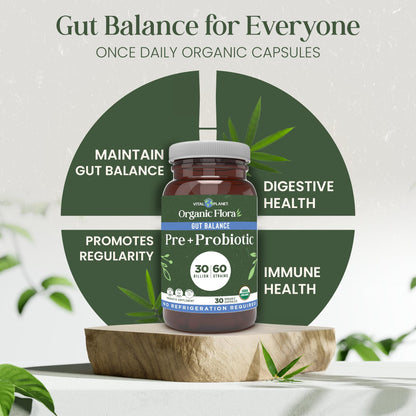 Vital Planet - Organic Flora Probiotics for Gut Health Balance, Shelf Stable Probiotic 30 Billion CFU, 60 Diverse Strains, Prebiotic Organic Mushroom Blend Vital Planet
