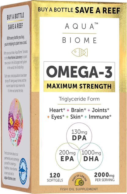 Aqua Biome by Enzymedica Omega 3 Fish Oil Maximum Strength - 120 Softgels | Fish Oil Omega 3 Fatty Acid Supplement for Women & Men, Source of DPA, EPA, & DHA, Heart & Brain Health Support, Gluten Free Gsupps Australia
