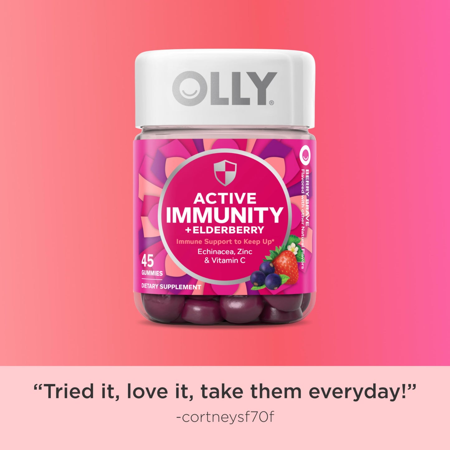 OLLY Immunity Gummy, Immune Support, Elderberry, Zinc, Vitamin C, Supplement, Berry Flavor, 15 Day Supply - 45 Count OLLY