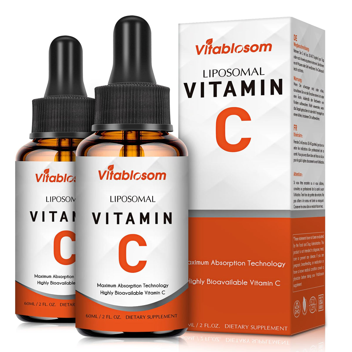 Vitablosom Liposomal Vitamin C 2000mg Liquid for Adults, High Absorption VIT C, Maximize Vitamin C, Immune System & Antioxidant Support, 60ML (2 Bottle) Vitablosom