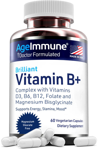 AgeImmune Vitamin B Complex with Vitamin D3 B12 B6 Magnesium Bisglycinate and Folate as Methylfolate - Doctor Formulated Methylated B Complex Supplement AgeImmune