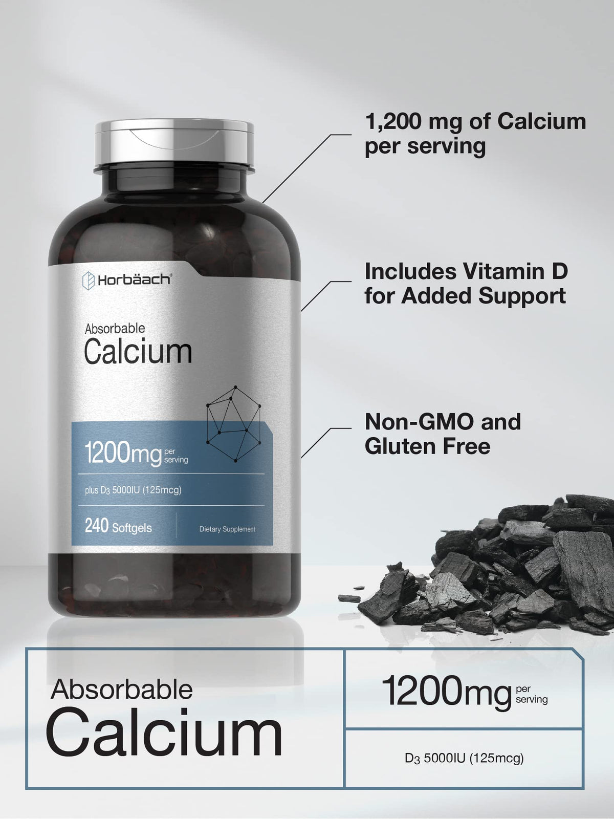 Horbäach Calcium 1200 mg with Vitamin D3 | 240 Softgels | 5000 IU Vitamin D3 | Absorbable Calcium Supplement for Women and Men Horbäach