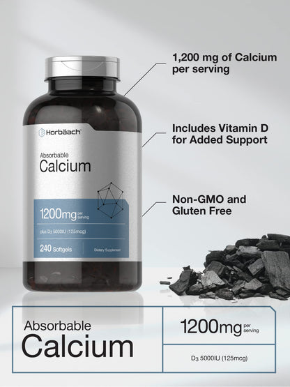 Horbäach Calcium 1200 mg with Vitamin D3 | 240 Softgels | 5000 IU Vitamin D3 | Absorbable Calcium Supplement for Women and Men Horbäach