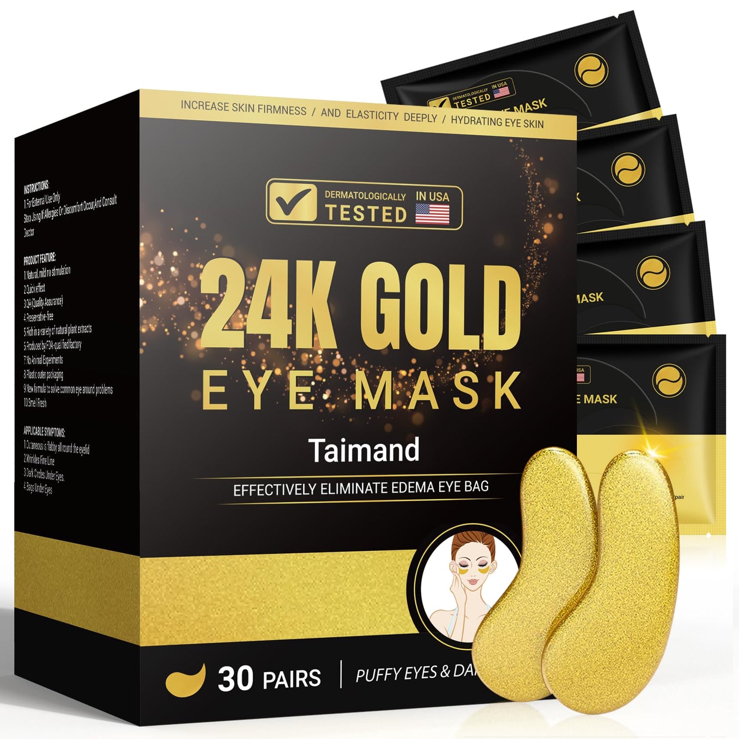 Taimand Under Eye Patches (30 Pairs), 24K Gold Under Eye Mask for Puffy Eyes, Dark Circles,Bags and Wrinkles with Collagen Taimand