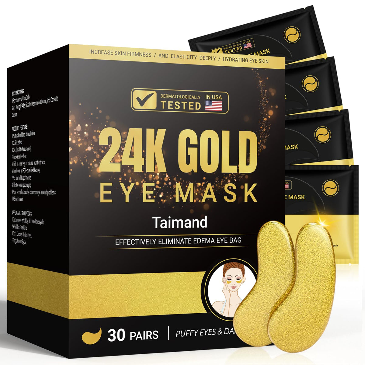 Taimand Under Eye Patches (30 Pairs), 24K Gold Eye Mask for Dark Circles Taimand