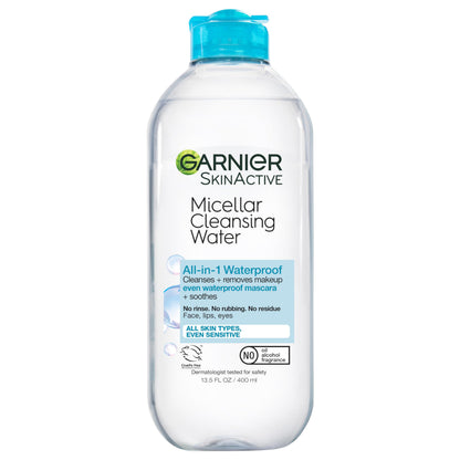 Garnier Micellar Water For Waterproof Makeup, Hydrating Facial Cleanser & Makeup Remover, Suitable for Sensitive Skin, Vegan, Cruelty Free, 13.5 Fl Oz (400mL), 1 Count Garnier