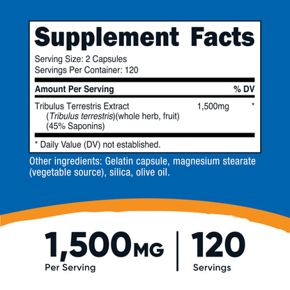 Nutricost Tribulus Terrestris Extract 1500mg, 240 Capsules - 45% Saponins, 120 Servings, Non-GMO, Gluten Free Nutricost