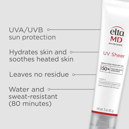 EltaMD UV Sheer Face and Body Sunscreen with Zinc Oxide, SPF 50+, 3 oz EltaMD