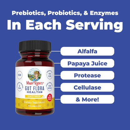 MaryRuth’s Gut Flora Health+ Enzymes | Prebiotic & Probiotic Digestive Enzymes for Healthy Gut Biome & Digestive Support | Gastrointestinal Health | CLP Certified MARYRUTH'S