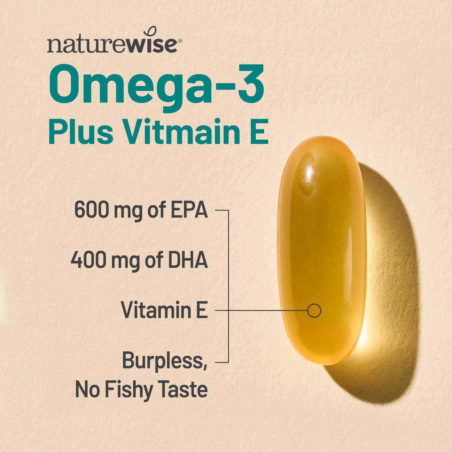 NatureWise Extra-Strength Omega 3 Fish Oil Supplement - 1000mg per Serving - 600 EPA & 400 DHA and Vitamin E - Support for Heart & Brain Health - Lemon Flavor NatureWise