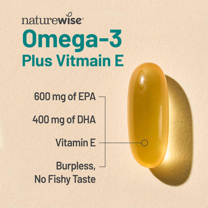 NatureWise Extra-Strength Omega 3 Fish Oil Supplement - 1000mg per Serving - 600 EPA & 400 DHA and Vitamin E - Support for Heart & Brain Health - Lemon Flavor NatureWise