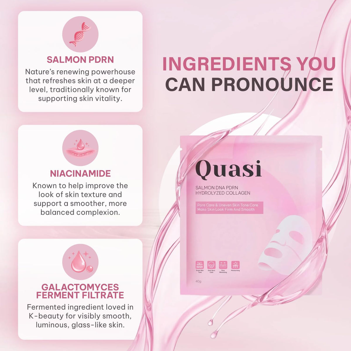Quasi Salmon PDRN Collagen Mask – Korean Skin care Gel Face Mask for Hydration, Firming & Smoothing Skincare, Collagen Boost & Pore Care – 4 Masks, Non-Irritating, Natural Ingredients Quasi