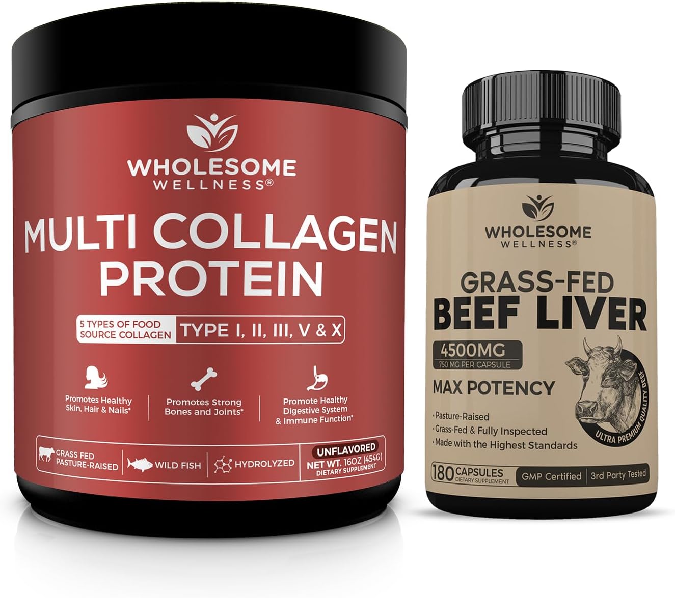 Wholesome Wellness Multi Collagen Protein Powder Hydrolyzed (Type I II III V X) + Grass Fed Desiccated Beef Liver Capsules (180 Pills, 750mg Each) - Natural Iron, Vitamin A, B12 for Energy Bundle Gsupps Australia