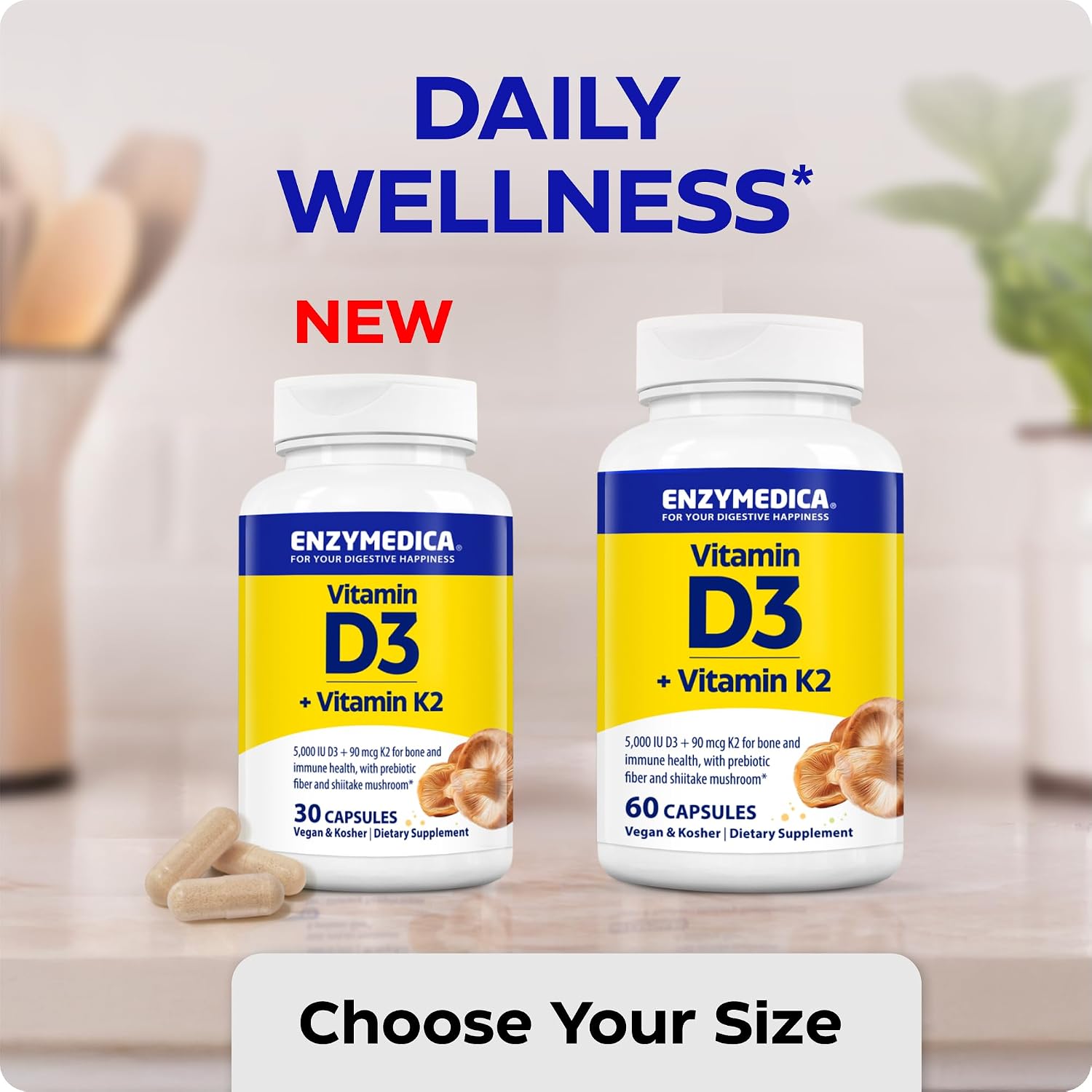 Enzymedica Vitamin D3 and K2 Supplement Caps for Men & Women - VIT D3 5000 IU & VIT K2 MK-7 90 mcg, Immune & Bone Health Support, Features Shitake Mushrooms & Prebiotic Fiber, Vegan - 60 Capsules Gsupps Australia