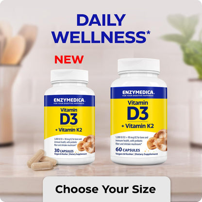 Enzymedica Vitamin D3 and K2 Supplement Caps for Men & Women - VIT D3 5000 IU & VIT K2 MK-7 90 mcg, Immune & Bone Health Support, Features Shitake Mushrooms & Prebiotic Fiber, Vegan - 60 Capsules Gsupps Australia