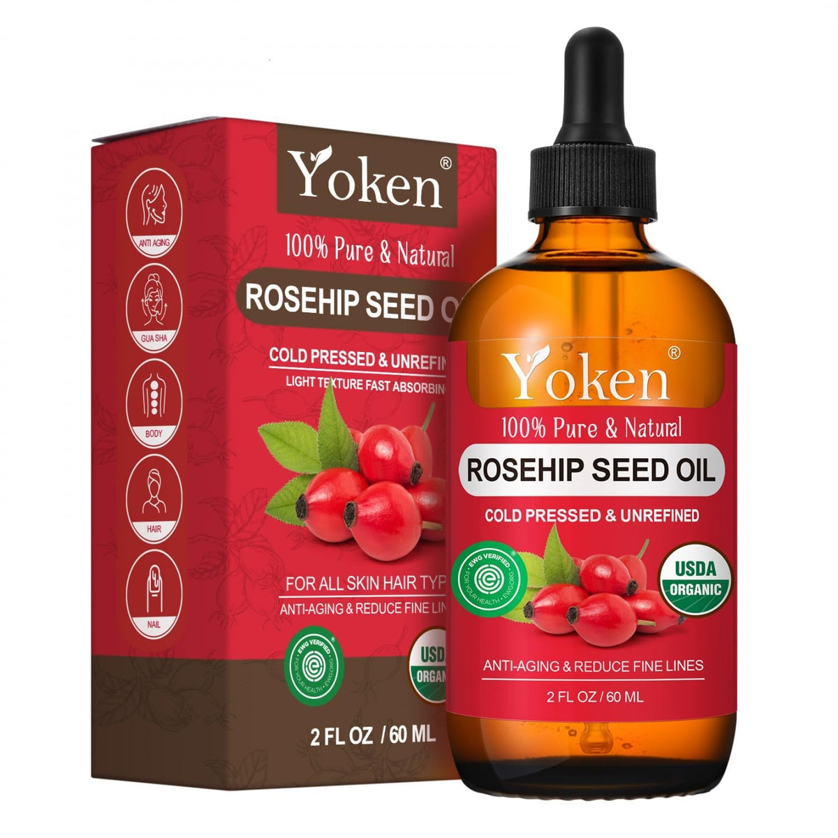 Yoken Organic Rosehip Seed Oil for Face, Pure Natural Cold Pressed, 2oz Yoken