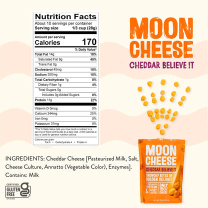 Moon Cheese Cheddar Believe It, 10 Ounce, 2-Pack, Crunchy, Protein-Rich Cheese Snack, Keto Friendly, 100% Real Cheese Moon Cheese