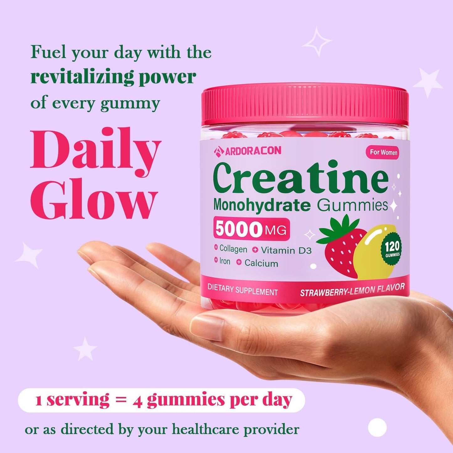 Creatine for Women, Creatine Monohydrate Gummies with Collagen, Vitamin D3 & Calcium for Muscles, Booty & Energy, Flavored Sugar Free Creatine Gummies Post ARDORACON