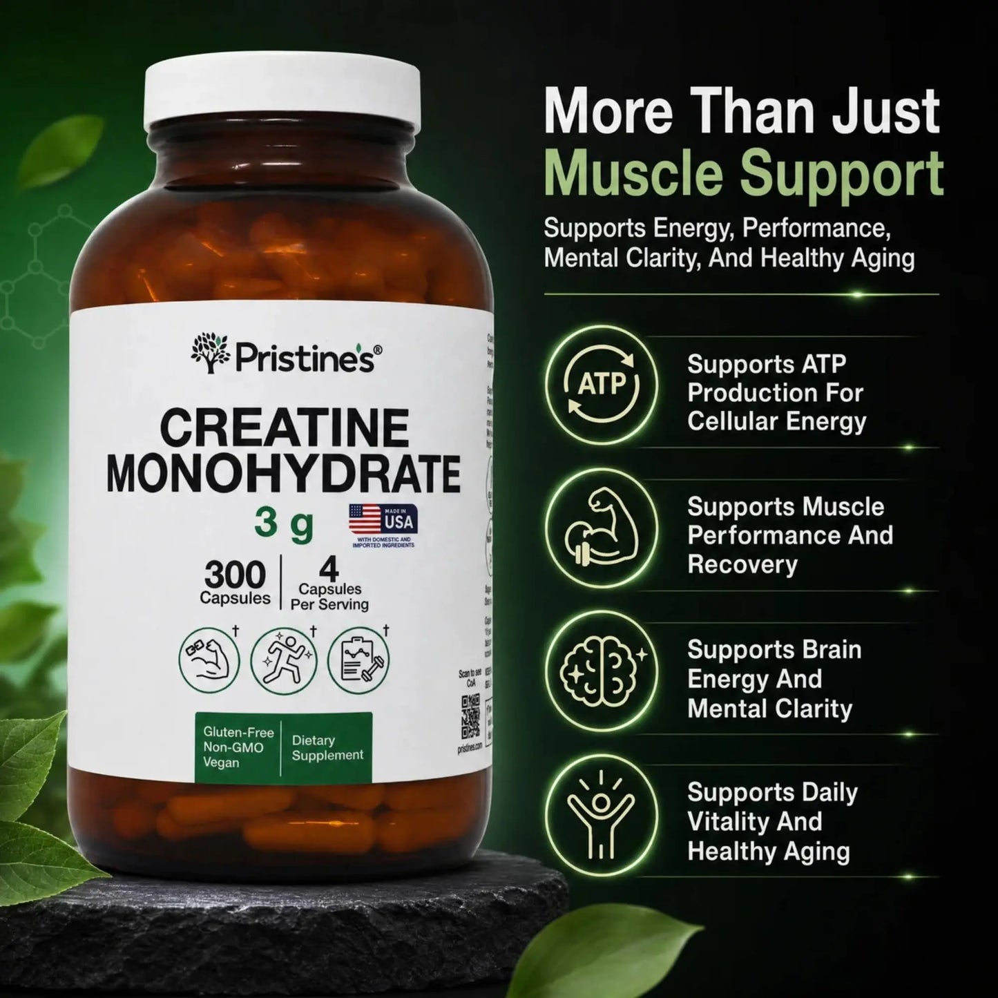 PRISTINE'S Creatine Monohydrate Capsules for Women & Men - NSF Certified 75 Day Supply 3G Creatine Pills for Women - Cognitive & Athletic Performance Support PRISTINE'S