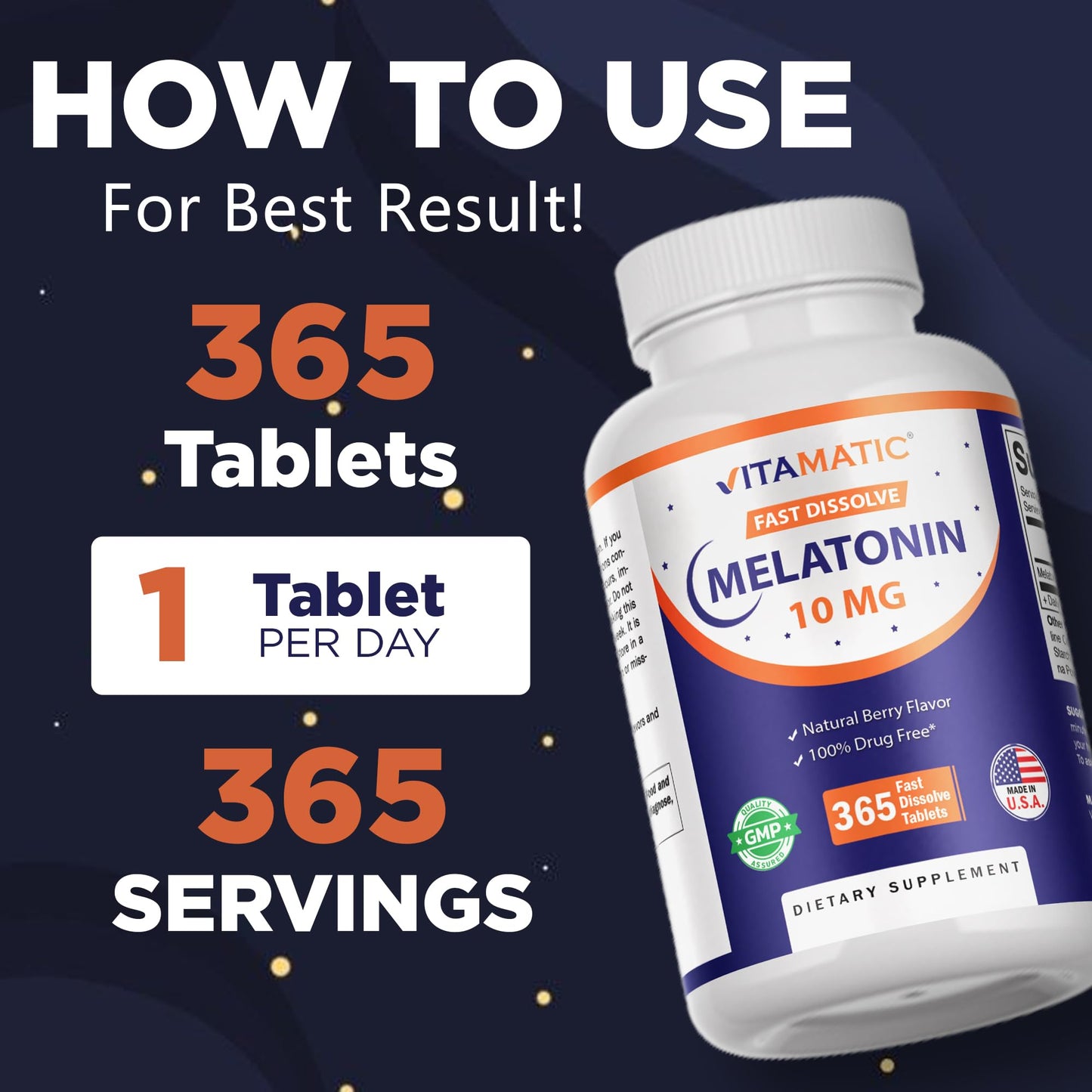 Vitamatic Melatonin 10 mg Fast Dissolve Tablets – Quick-Dissolving Sleep Support Supplement for Adults – Vegetarian, Non-GMO & Gluten-Free Vitamatic