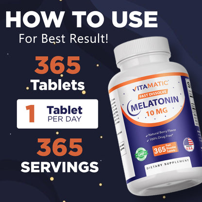 Vitamatic Melatonin 10 mg Fast Dissolve Tablets – Quick-Dissolving Sleep Support Supplement for Adults – Vegetarian, Non-GMO & Gluten-Free Vitamatic