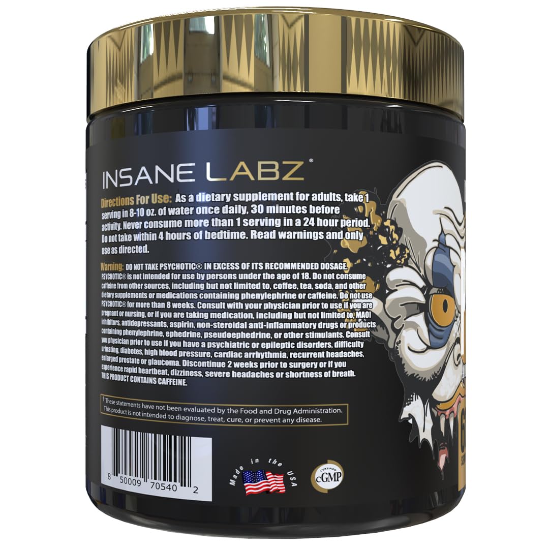 Insane Labz Psychotic Gold, High Stimulant Pre Workout Powder, Extreme Lasting Energy Focus, Pumps and Endurance with Beta Alanine, DMAE Bitartrate, NO Booster (35 Servings, Watermelon)