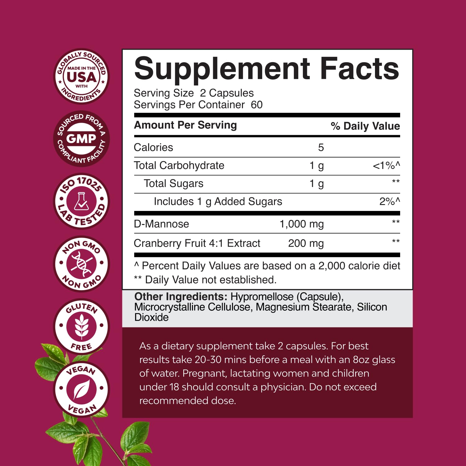 D Mannose with Cranberry Supplement - Potent D Mannose 1000mg Capsules for Kidney Defense Support & Cleanse and Urinary Tract Health for Women & Men - Bladder Health Supplement for Adults - 60 Count Gsupps Australia