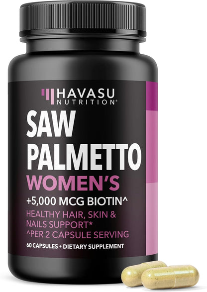 Saw Palmetto for Women with Bitoin 5000mcg Per Serving, 30-Day Supply | Vegan, Non-GMO DHT Blocker for Women for Hair, Skin and Nails, Saw Palmetto Extract with Biotin for Thicker Looking Hair Gsupps Australia