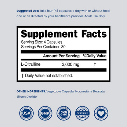 L Citrulline 3000mg Supplement (120 Capsules) Support L Arginine & Nitric Oxide Pills - L-Citrulline For Men & Women - Muscle Recovery & Pump Supplement - 3rd Party Tested DORADO NUTRITION