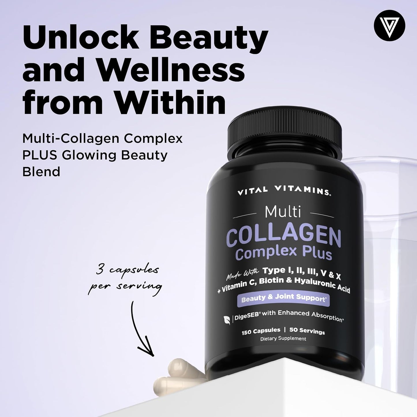Vital Vitamins Multi Collagen Complex Plus Biotin, Hyaluronic Acid & VIT. C | Hair, Skin, & Nails Supplements for Women and Men, 5 Collagen Types I II III V & X, 150 Capsules Gsupps Australia