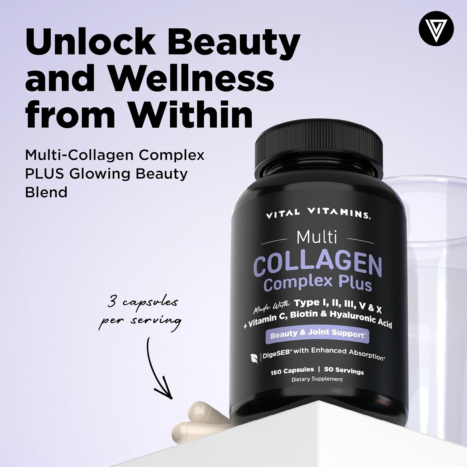 Vital Vitamins Multi Collagen Complex Plus Biotin, Hyaluronic Acid & VIT. C | Hair, Skin, & Nails Supplements for Women and Men, 5 Collagen Types I II III V & X, 150 Capsules Gsupps Australia