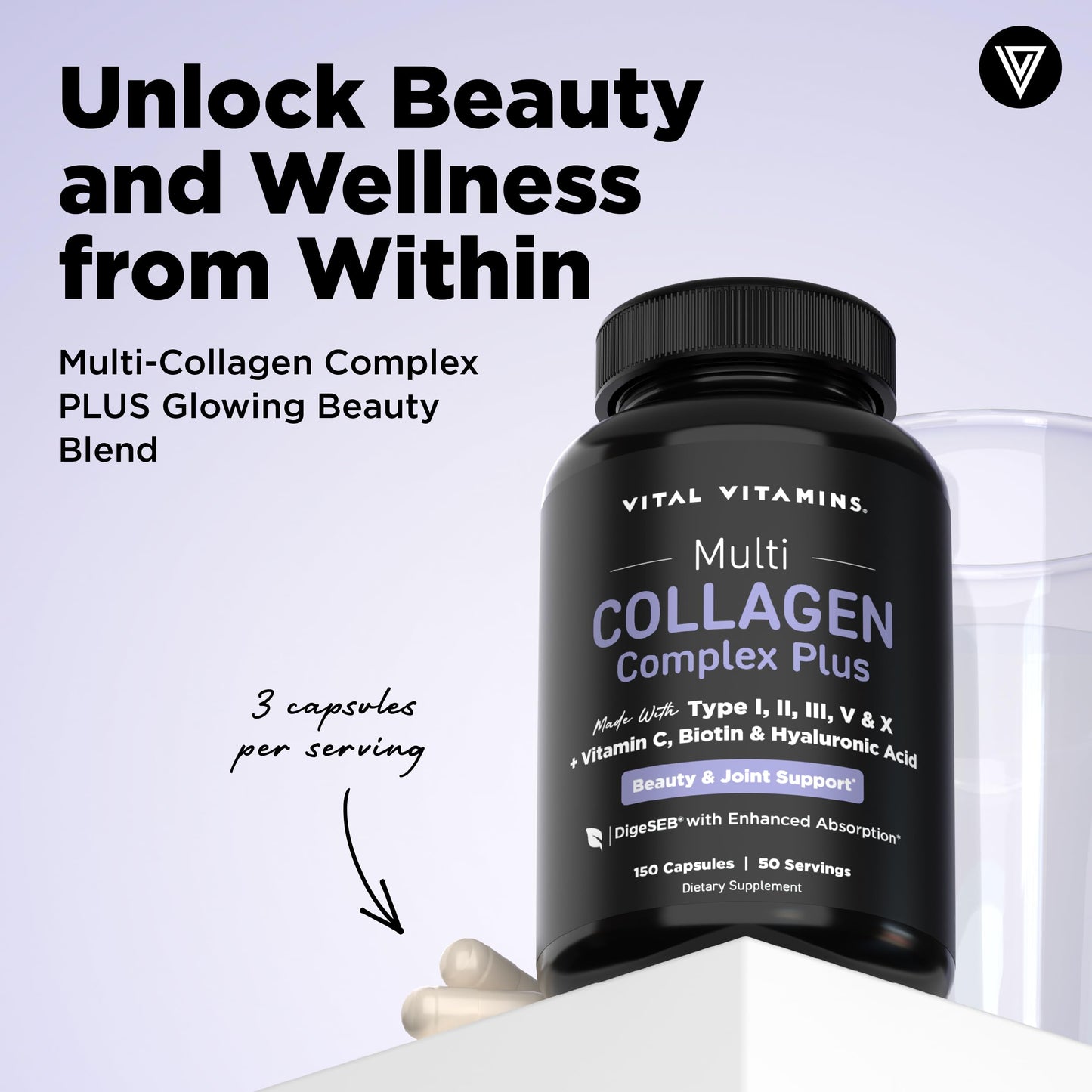 Vital Vitamins Multi Collagen Complex Plus Biotin, Hyaluronic Acid & VIT. C | Hair, Skin, & Nails Supplements for Women and Men, 5 Collagen Types I II III V & X, 150 Capsules Gsupps Australia