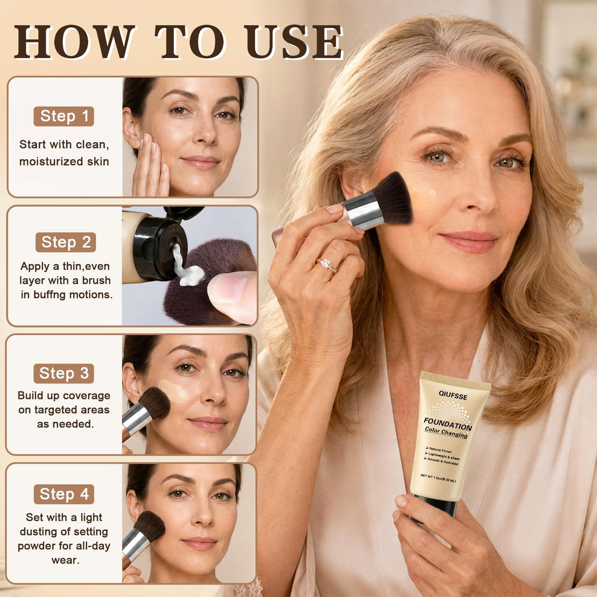 QIUFSSE Color Changing Foundation for Mature Skin,Face Makeup - 02 Medium QIUFSSE