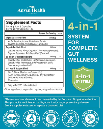 Anven Health 800mg Digestive Enzymes for Men and Women with Probiotics & Prebiotics, 8 Key Enzymes, Protease, Amylase & Lipase | 270 Capsules - A 90-Day Supply Anven Health